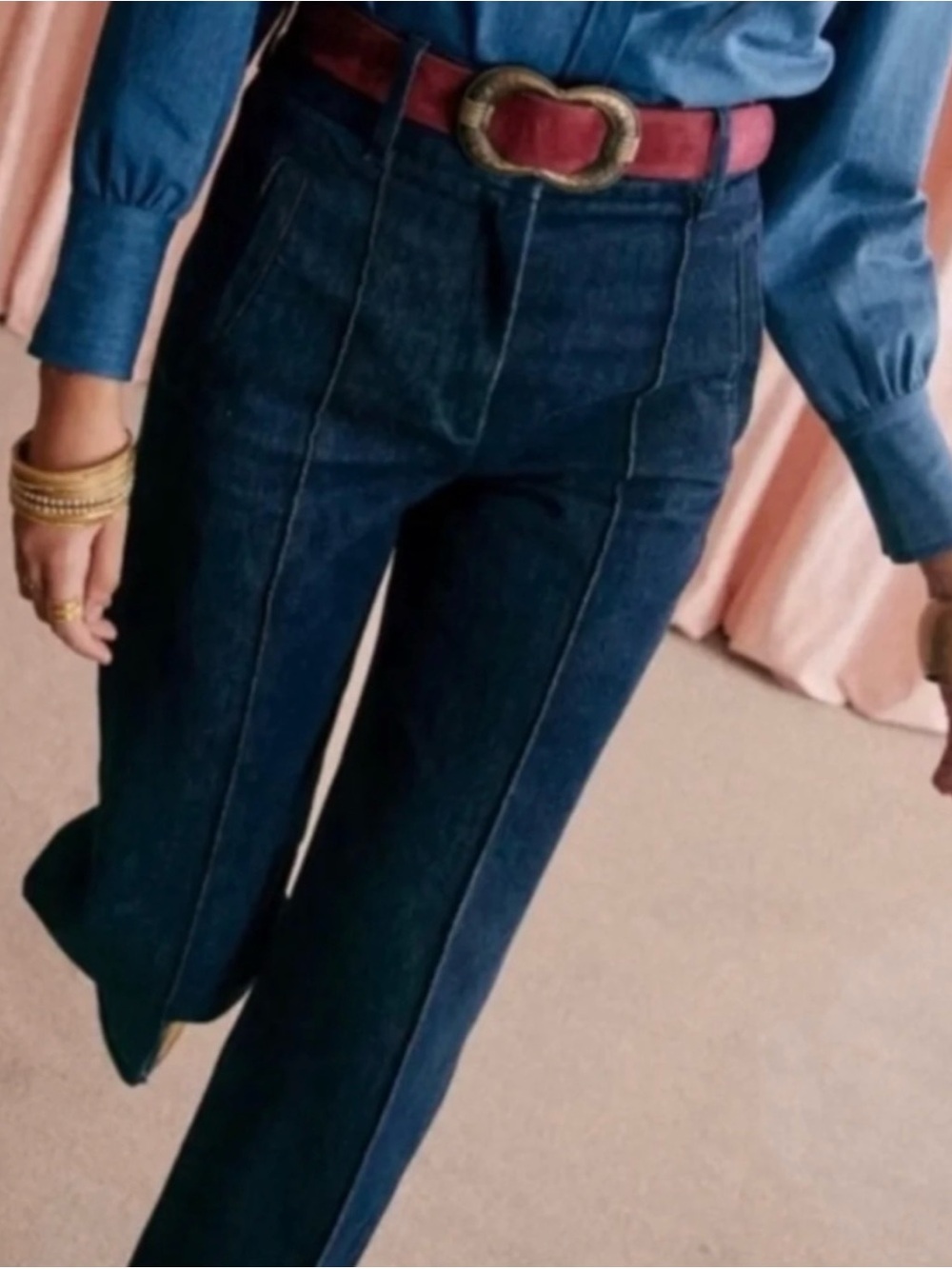 Sezane Lukas Denim Trousers - Dark Blue High-Rise Flare Jeans with Front Seam